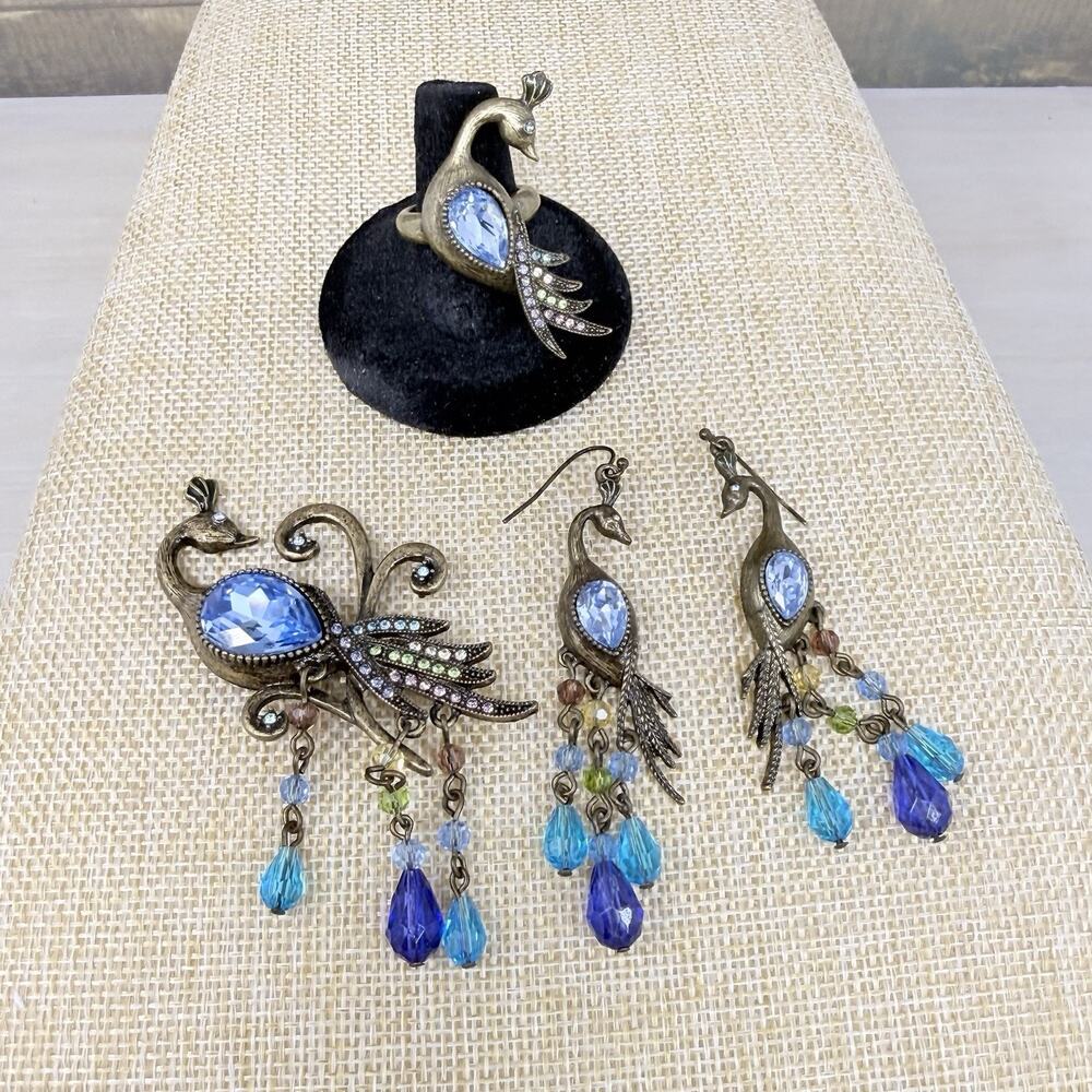 Vintage Rhinestone Peacock Brooch Ring and Dangle Drop Earrings Set Size 8
